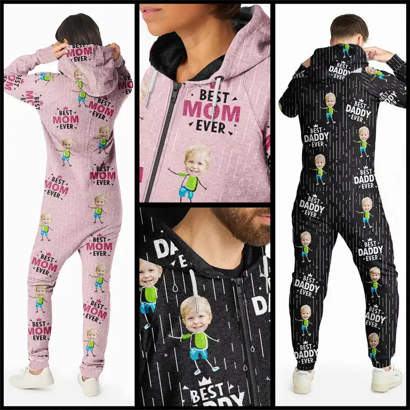 Gift For Mother,Gift For Father,Custom Photo,Happy - Custom Photo Happy Kids Best Dad Mom Ever Rain Pattern - Personalized Overall Onesie Hooded Jumpsuit