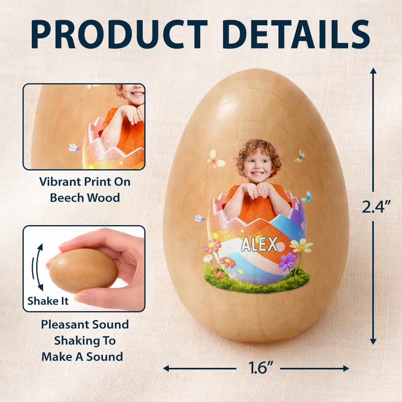 Easter,Non-Eng,Gift For Kids,Gift For Grandkids,Grandma - Grandkids,Grandpa - Grandkids,Dad - Children,Mom - Children,Happy - Custom Photo Hatching Easter Egg - Personalized Musical Wooden Easter Egg Shaker