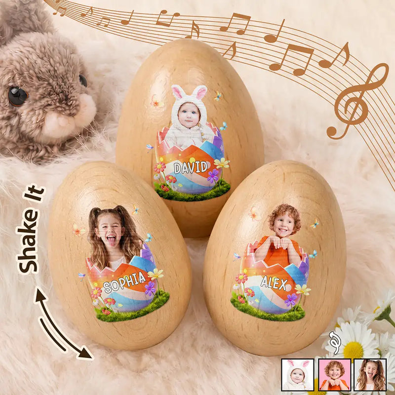 Easter,Non-Eng,Gift For Kids,Gift For Grandkids,Grandma - Grandkids,Grandpa - Grandkids,Dad - Children,Mom - Children,Happy - Custom Photo Hatching Easter Egg - Personalized Musical Wooden Easter Egg Shaker