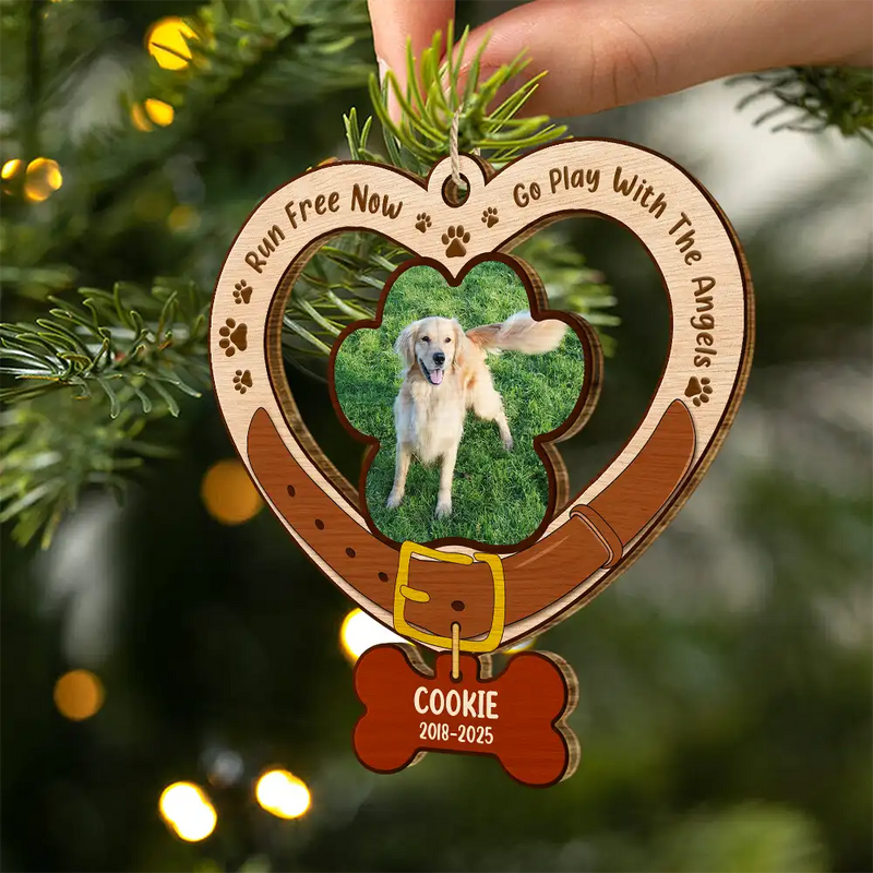 Christmas,Dog Lovers,Memorial,Sad - Custom Photo Heart-Shaped Dog Collar Keepsake - Personalized Custom Shaped Wooden Ornament