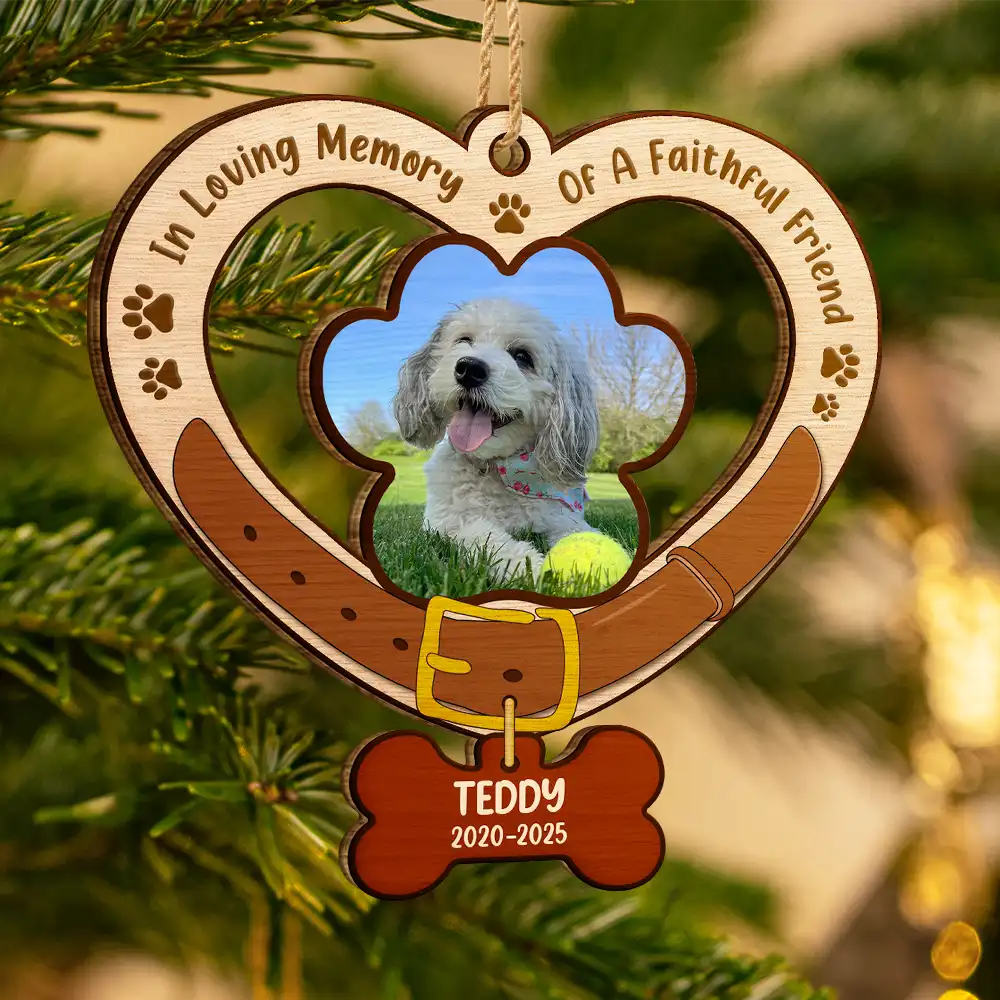 Christmas,Dog Lovers,Memorial,Sad - Custom Photo Heart-Shaped Dog Collar Keepsake - Personalized Custom Shaped Wooden Ornament