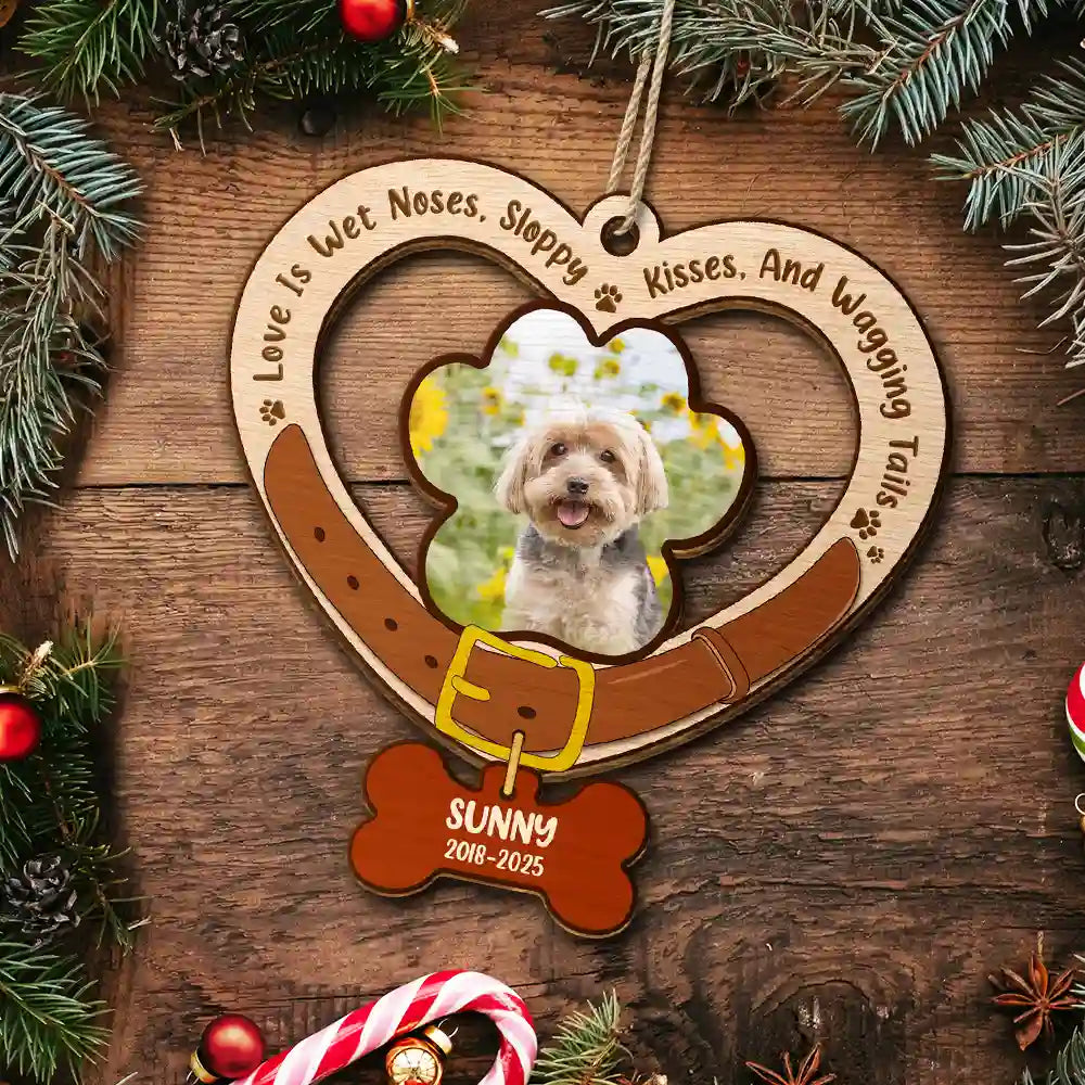Christmas,Dog Lovers,Memorial,Sad - Custom Photo Heart-Shaped Dog Collar Keepsake - Personalized Custom Shaped Wooden Ornament