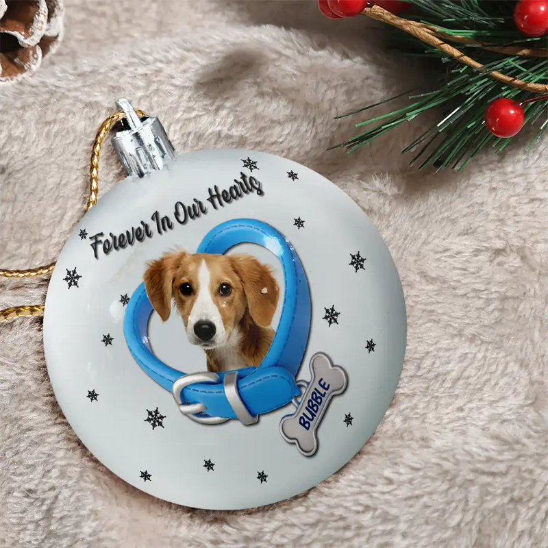 Memorial,Dog Lovers,Christmas - Custom Photo Heart-Shaped Collar With Bone Charm For Dog Lovers - Personalized Ball Ornament