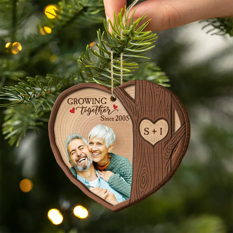 Gift For Couples,Old Couples,Gift For Husband,Gift For Wife,Gift For Boyfriend,Gift For Girlfriend,Love,Christmas - Custom Photo Heart Shaped Wood Slice Growing Together - Personalized 2-Layered Wooden Ornament