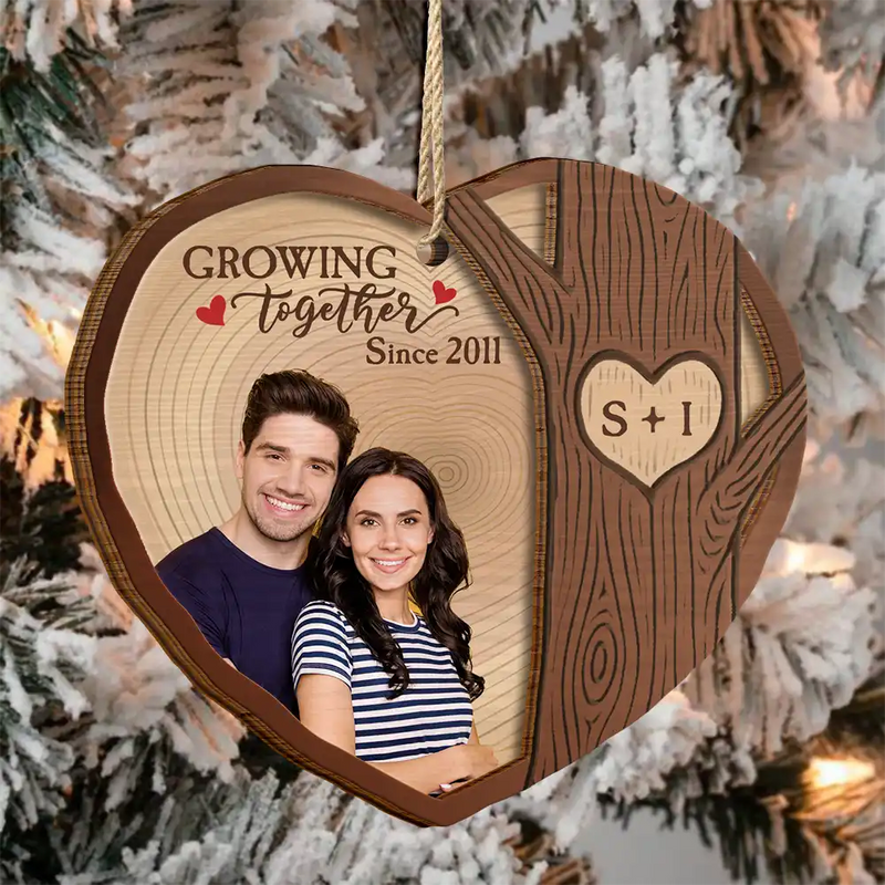 Gift For Couples,Old Couples,Gift For Husband,Gift For Wife,Gift For Boyfriend,Gift For Girlfriend,Love,Christmas - Custom Photo Heart Shaped Wood Slice Growing Together - Personalized 2-Layered Wooden Ornament