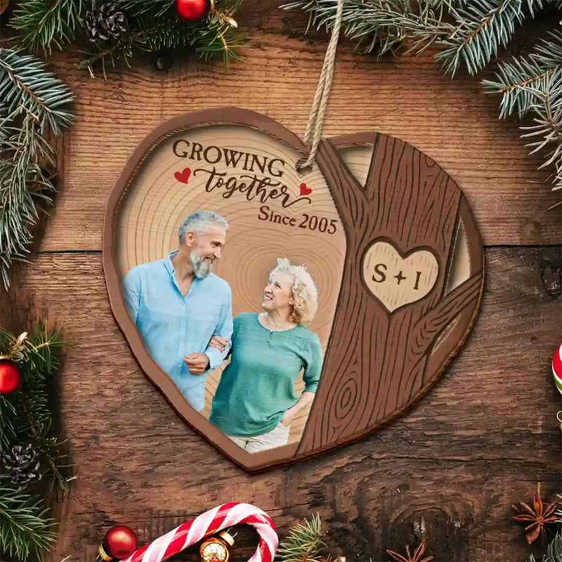 Gift For Couples,Old Couples,Gift For Husband,Gift For Wife,Gift For Boyfriend,Gift For Girlfriend,Love,Christmas - Custom Photo Heart Shaped Wood Slice Growing Together - Personalized 2-Layered Wooden Ornament