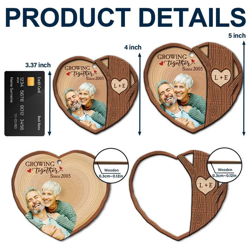 Gift For Couples,Old Couples,Gift For Husband,Gift For Wife,Gift For Boyfriend,Gift For Girlfriend,Love,Christmas - Custom Photo Heart Shaped Wood Slice Growing Together - Personalized 2-Layered Wooden Ornament