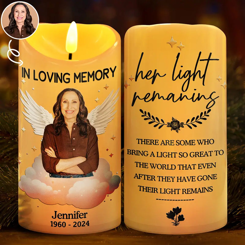 Memorial, Custom Photo, Sad - Custom Photo Her Light Remains - Personalized Flameless LED Candle
