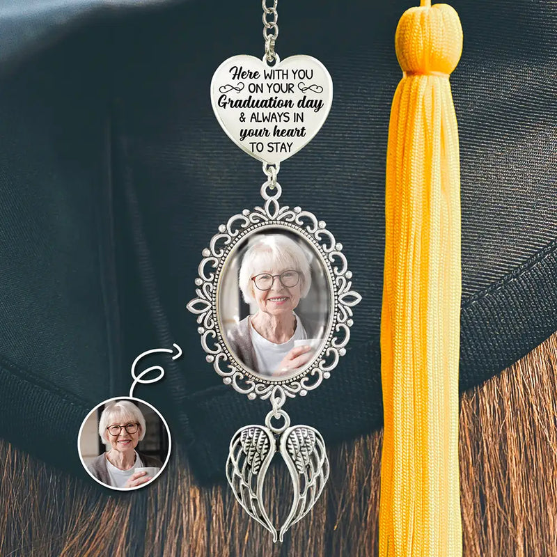 Graduation,Gift For Yourself,Custom Photo,Memorial,Sad - Custom Photo Here With You - Personalized Graduation Tassel Charm