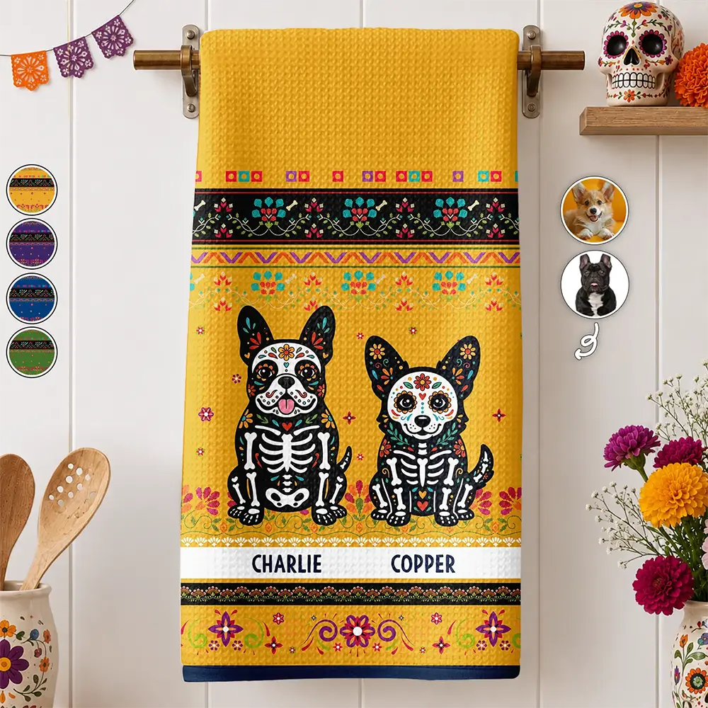 Custom Photo Hispanic Pet Day Of The Dead Hispanic Mexican Dog Cat - Personalized Kitchen Towel