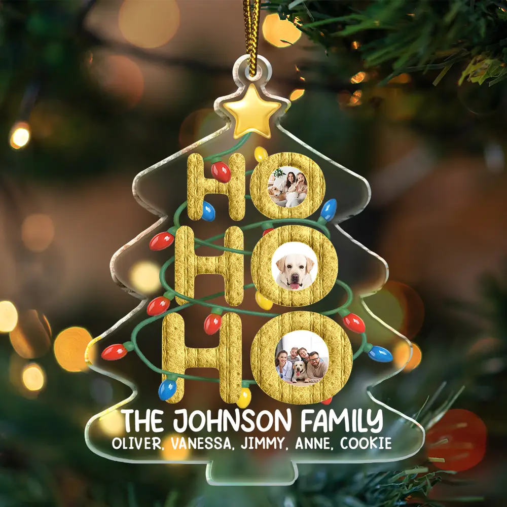 Family,Christmas,Happy,Pet Couple,Gift For Couples - Custom Photo Ho Ho Ho Family Christmas Tree - Personalized Custom Shaped Acrylic Ornament