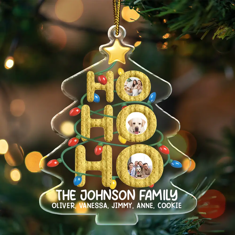 Family,Christmas,Happy,Pet Couple,Gift For Couples - Custom Photo Ho Ho Ho Family Christmas Tree - Personalized Custom Shaped Acrylic Ornament