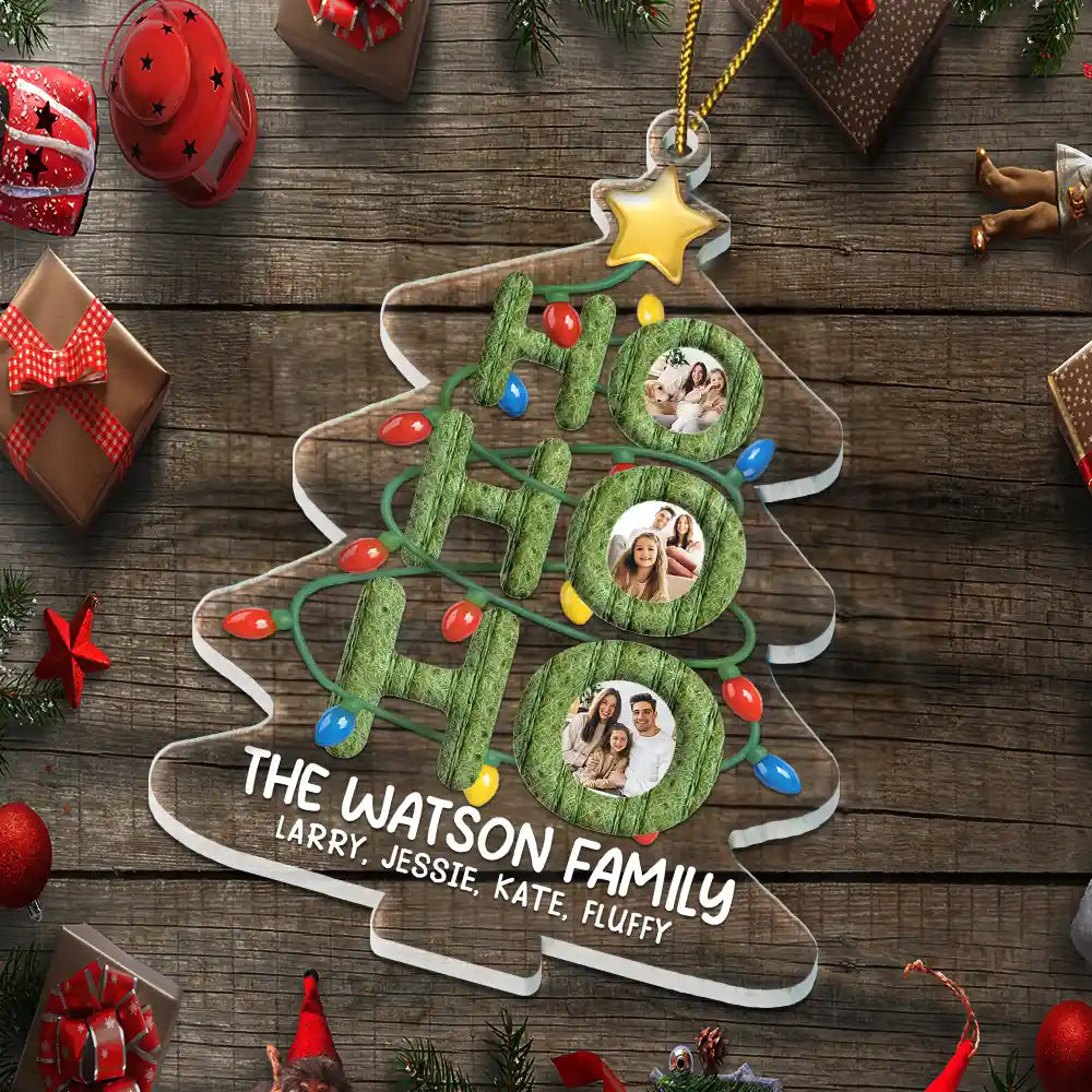 Family,Christmas,Happy,Pet Couple,Gift For Couples - Custom Photo Ho Ho Ho Family Christmas Tree - Personalized Custom Shaped Acrylic Ornament
