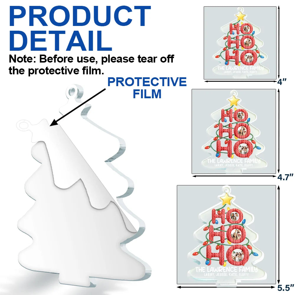 Family,Christmas,Happy,Pet Couple,Gift For Couples - Custom Photo Ho Ho Ho Family Christmas Tree - Personalized Custom Shaped Acrylic Ornament