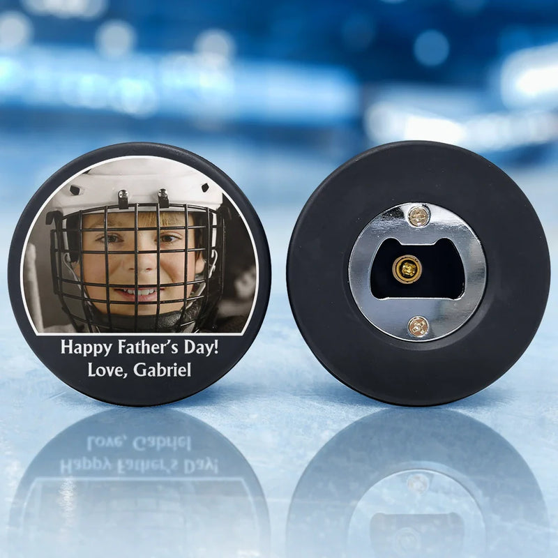 Custom Photo, Family, Gift For Father, Happy - Custom Photo Hockey Gift - Personalized Hockey Puck Bottle Opener