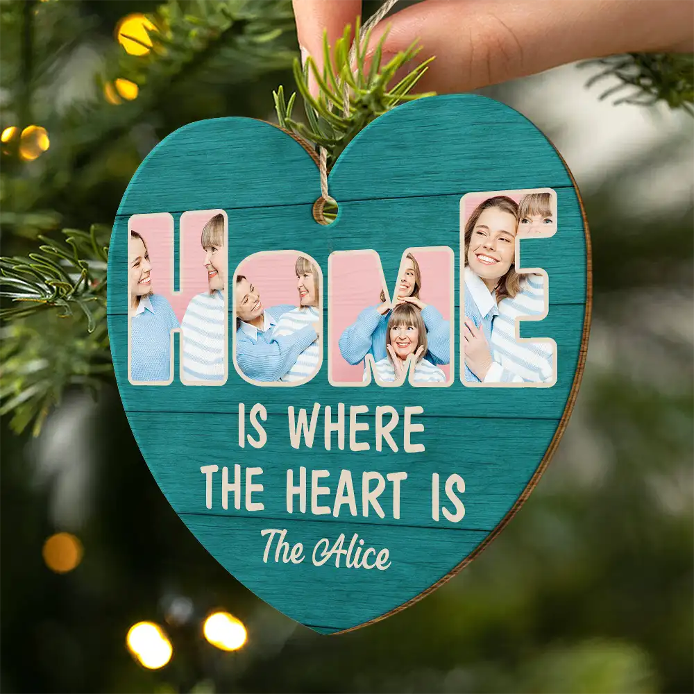 Family,Gift For Couples,Parents,Gift For Grandparents,Custom Photo,Christmas,Happy - Custom Photo Home Is Where The Heart Is - Personalized Custom Shaped Wooden Ornament