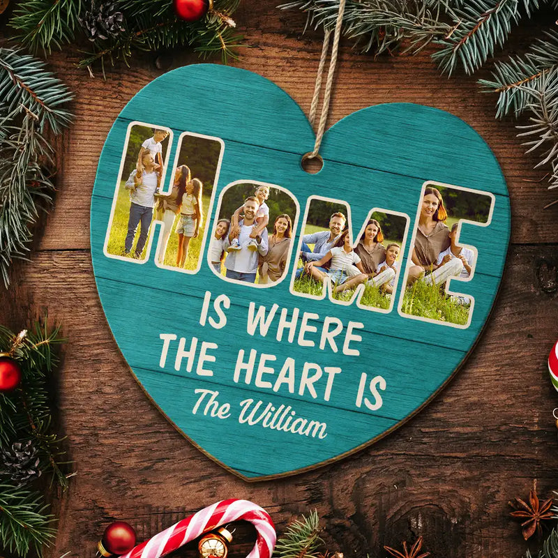 Family,Gift For Couples,Parents,Gift For Grandparents,Custom Photo,Christmas,Happy - Custom Photo Home Is Where The Heart Is - Personalized Custom Shaped Wooden Ornament