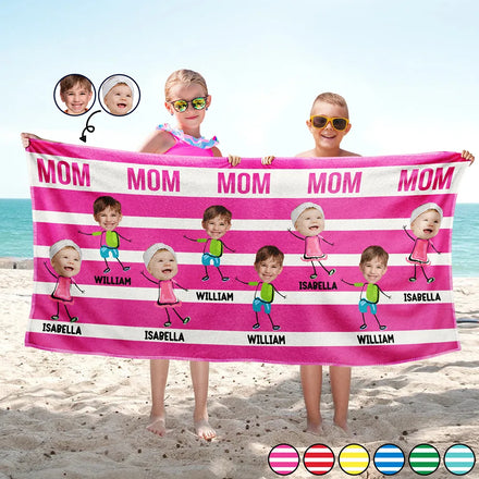 Serviette de plage personnalisée avec photo de maman sexy, tante et été à rayures colorées