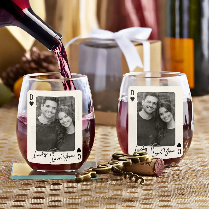 Gift For Couples,Old Couples,Gift For Husband,Gift For Wife,Gift For Boyfriend,Gift For Girlfriend,Love,Custom Photo - Custom Photo How Lucky Are We Playing Card - Personalized Stemless Wine Glass