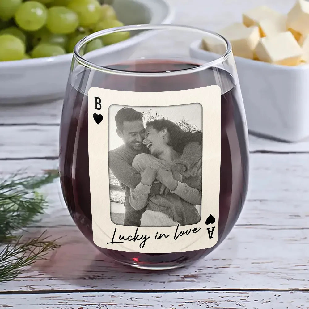 Gift For Couples,Old Couples,Gift For Husband,Gift For Wife,Gift For Boyfriend,Gift For Girlfriend,Love,Custom Photo - Custom Photo How Lucky Are We Playing Card - Personalized Stemless Wine Glass