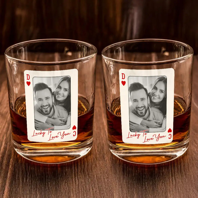 Gift For Couples,Old Couples,Gift For Husband,Gift For Wife,Gift For Boyfriend,Gift For Girlfriend,Love,Custom Photo - Custom Photo How Lucky Are We Playing Card - Personalized Whiskey Glass