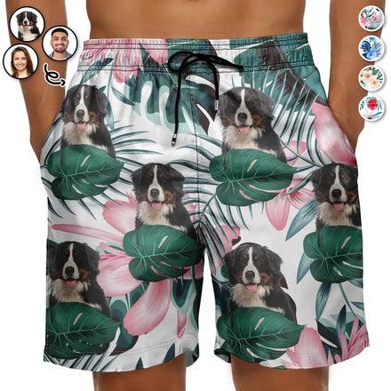 Custom Photo Human And Pet Face Tropical - Personalized Unisex Beach Shorts