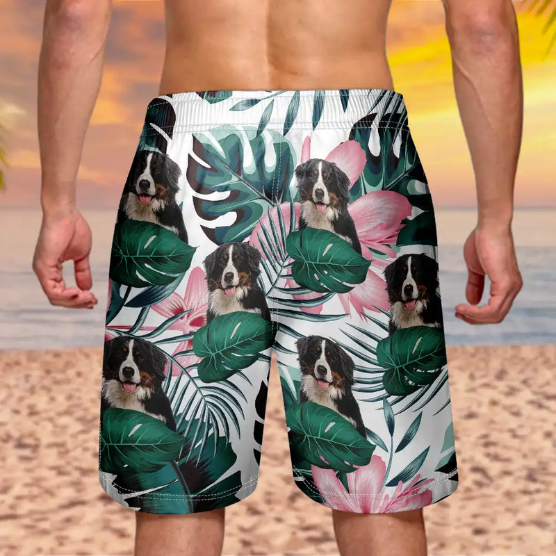 Gift For Yourself, Happy, Custom Photo - Custom Photo Human And Pet Face Tropical - Personalized Unisex Beach Shorts
