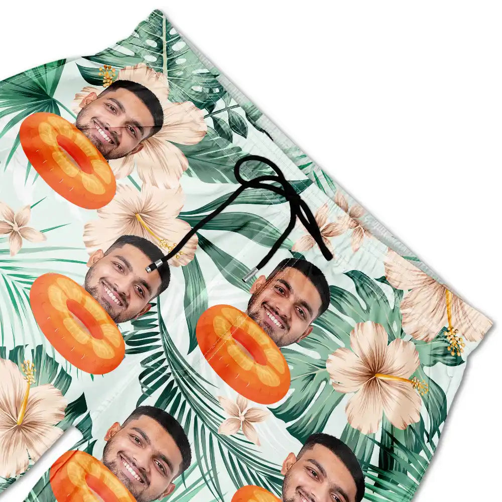 Gift For Yourself, Happy, Custom Photo - Custom Photo Human And Pet Face Tropical - Personalized Unisex Beach Shorts