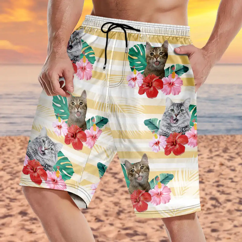 Gift For Yourself - Custom Photo Human And Pet Face Tropical Striped - Personalized Unisex Beach Shorts