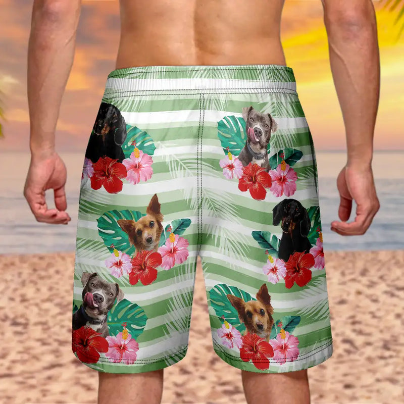 Gift For Yourself - Custom Photo Human And Pet Face Tropical Striped - Personalized Unisex Beach Shorts