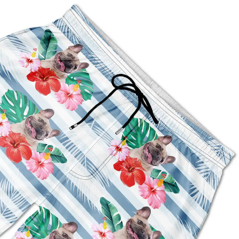 Gift For Yourself - Custom Photo Human And Pet Face Tropical Striped - Personalized Unisex Beach Shorts
