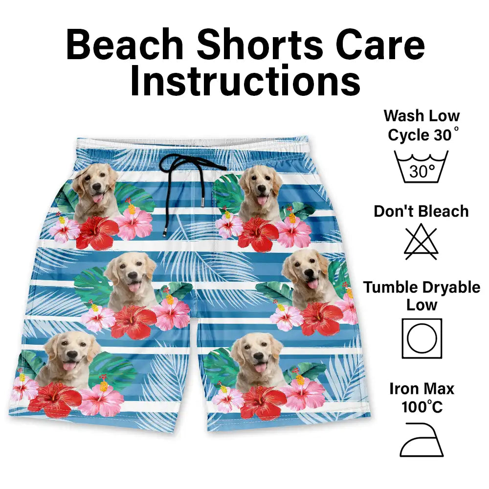 Gift For Yourself - Custom Photo Human And Pet Face Tropical Striped - Personalized Unisex Beach Shorts