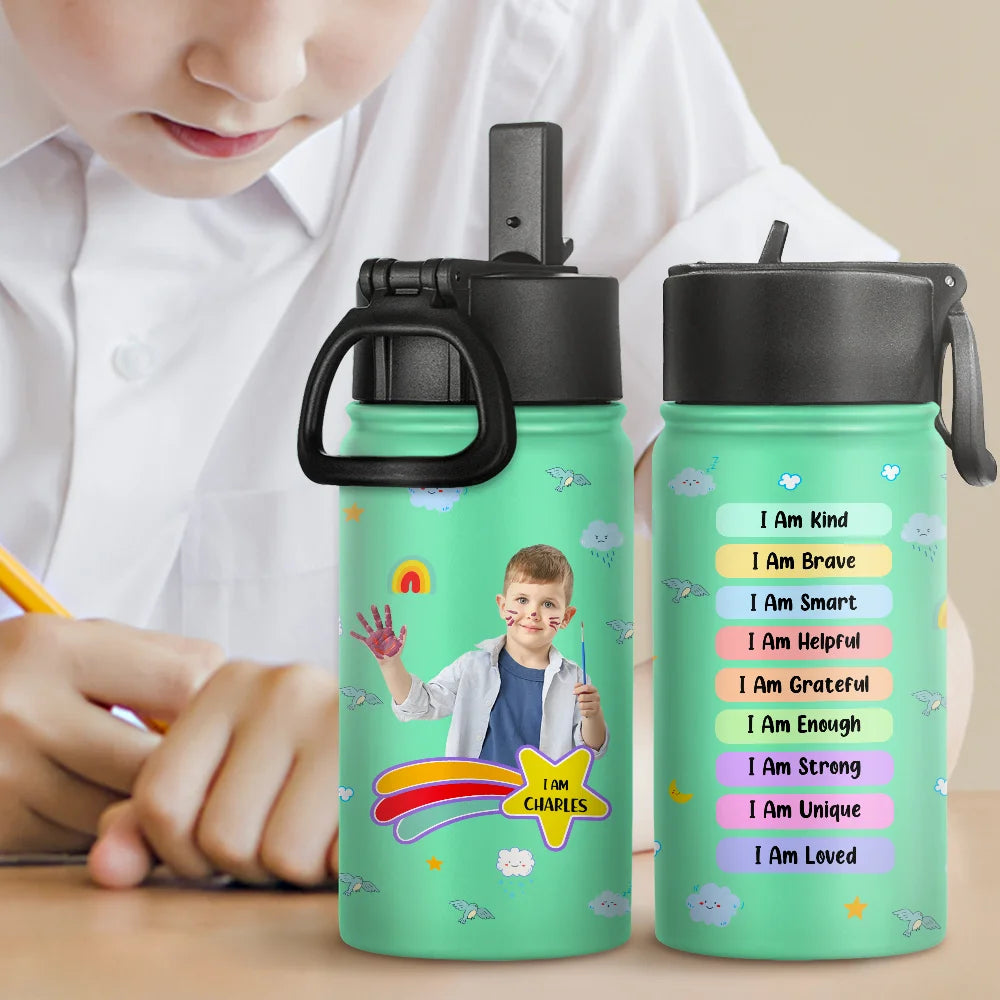 Gift For Kids,Back To School - Custom Photo I Am Affirmations - Personalized Kids Water Bottle