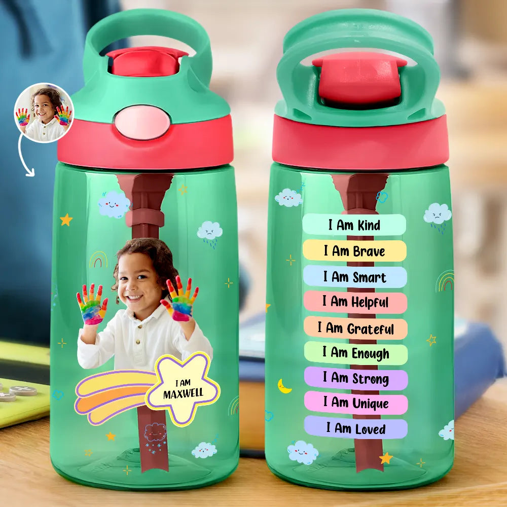 Gift For Kids, Back To School - Custom Photo I Am Affirmations - Personalized Kids Water Bottle With Straw
