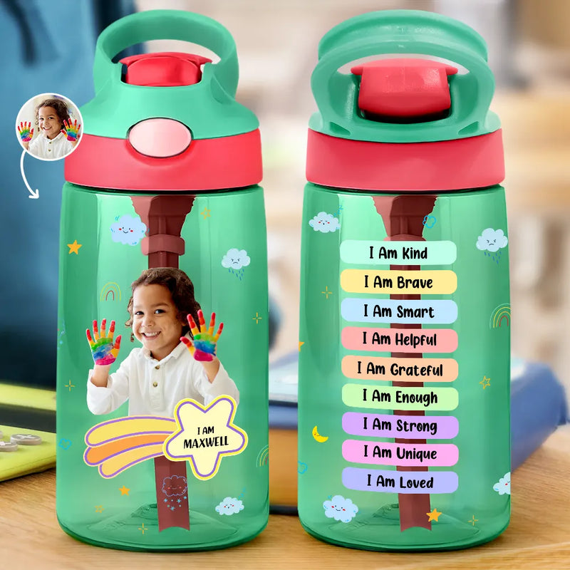 Gift For Kids, Back To School - Custom Photo I Am Affirmations - Personalized Kids Water Bottle With Straw