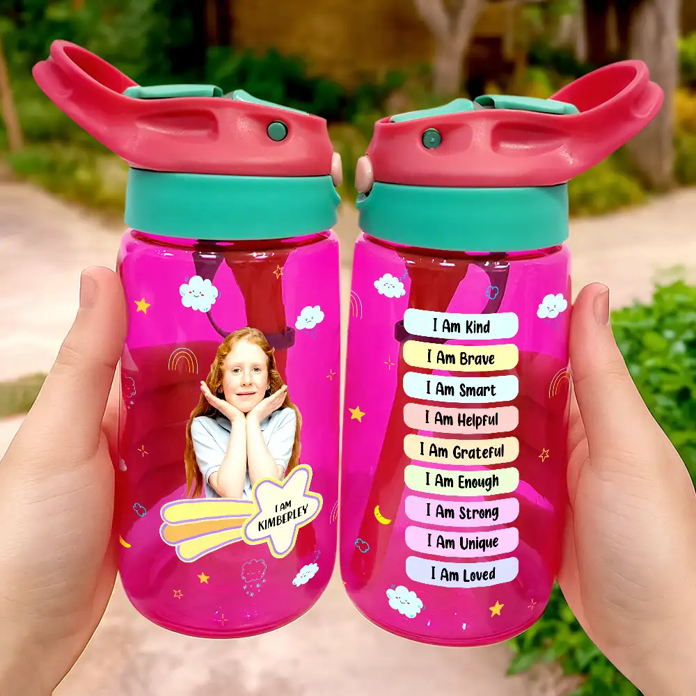 Gift For Kids, Back To School - Custom Photo I Am Affirmations - Personalized Kids Water Bottle With Straw