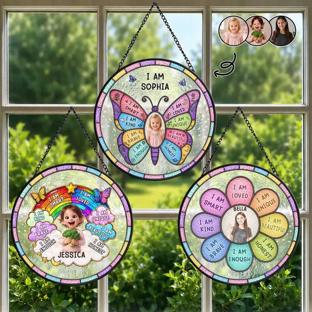 Custom Photo, Gift For Kids, Summer, Adorable, Remove BG Photo - Custom Photo I Am Smart Kind Brave Butterfly Flower Rainbow - Personalized Stained Glass Window Hanging Suncatcher