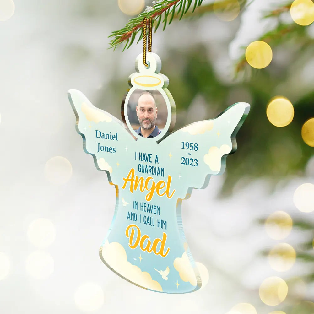 Christmas, Memorial, Sad, Parents, Gift For Grandparents - Custom Photo I Have A Guardian Angel In Heaven And I Call Her Mom - Personalized Custom Shaped Acrylic Ornament