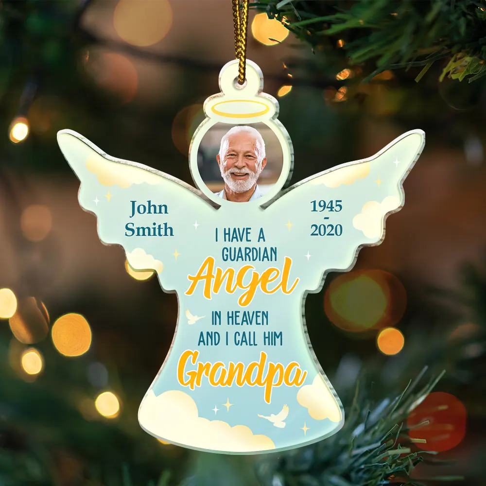 Christmas, Memorial, Sad, Parents, Gift For Grandparents - Custom Photo I Have A Guardian Angel In Heaven And I Call Her Mom - Personalized Custom Shaped Acrylic Ornament