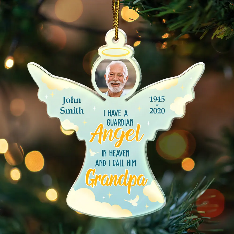 Christmas, Memorial, Sad, Parents, Gift For Grandparents - Custom Photo I Have A Guardian Angel In Heaven And I Call Her Mom - Personalized Custom Shaped Acrylic Ornament