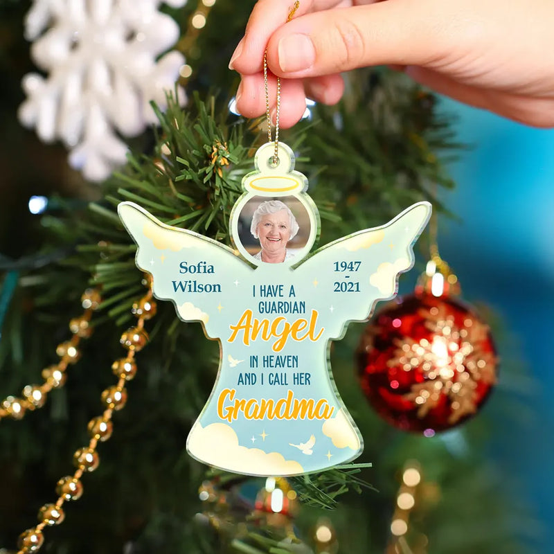 Christmas, Memorial, Sad, Parents, Gift For Grandparents - Custom Photo I Have A Guardian Angel In Heaven And I Call Her Mom - Personalized Custom Shaped Acrylic Ornament