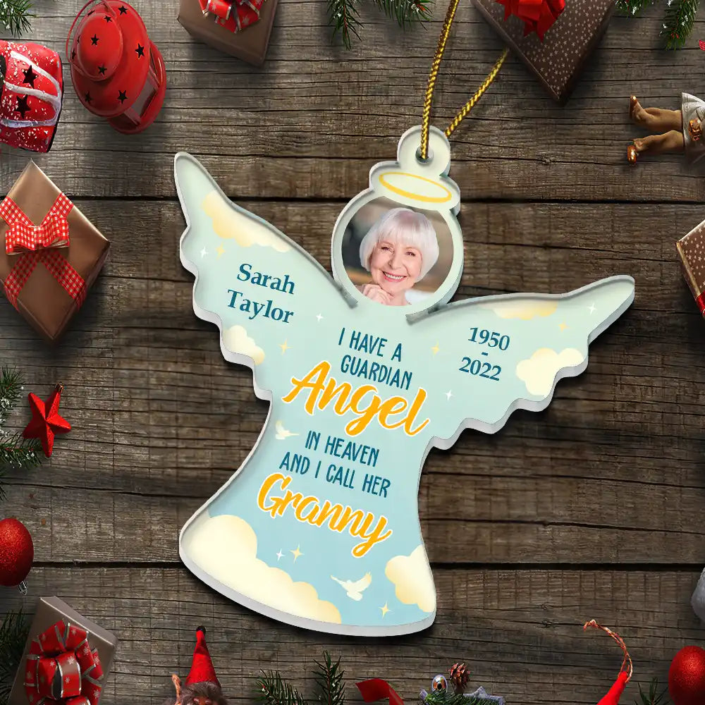 Christmas, Memorial, Sad, Parents, Gift For Grandparents - Custom Photo I Have A Guardian Angel In Heaven And I Call Her Mom - Personalized Custom Shaped Acrylic Ornament