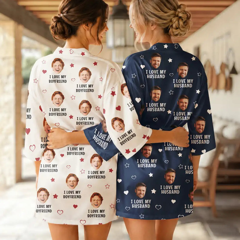 Gift For Wife, Humorous, Custom Photo, Gift For Couples, Cut-Face Photo - Custom Photo I Love My Husband Boyfriend - Personalized Satin Robe