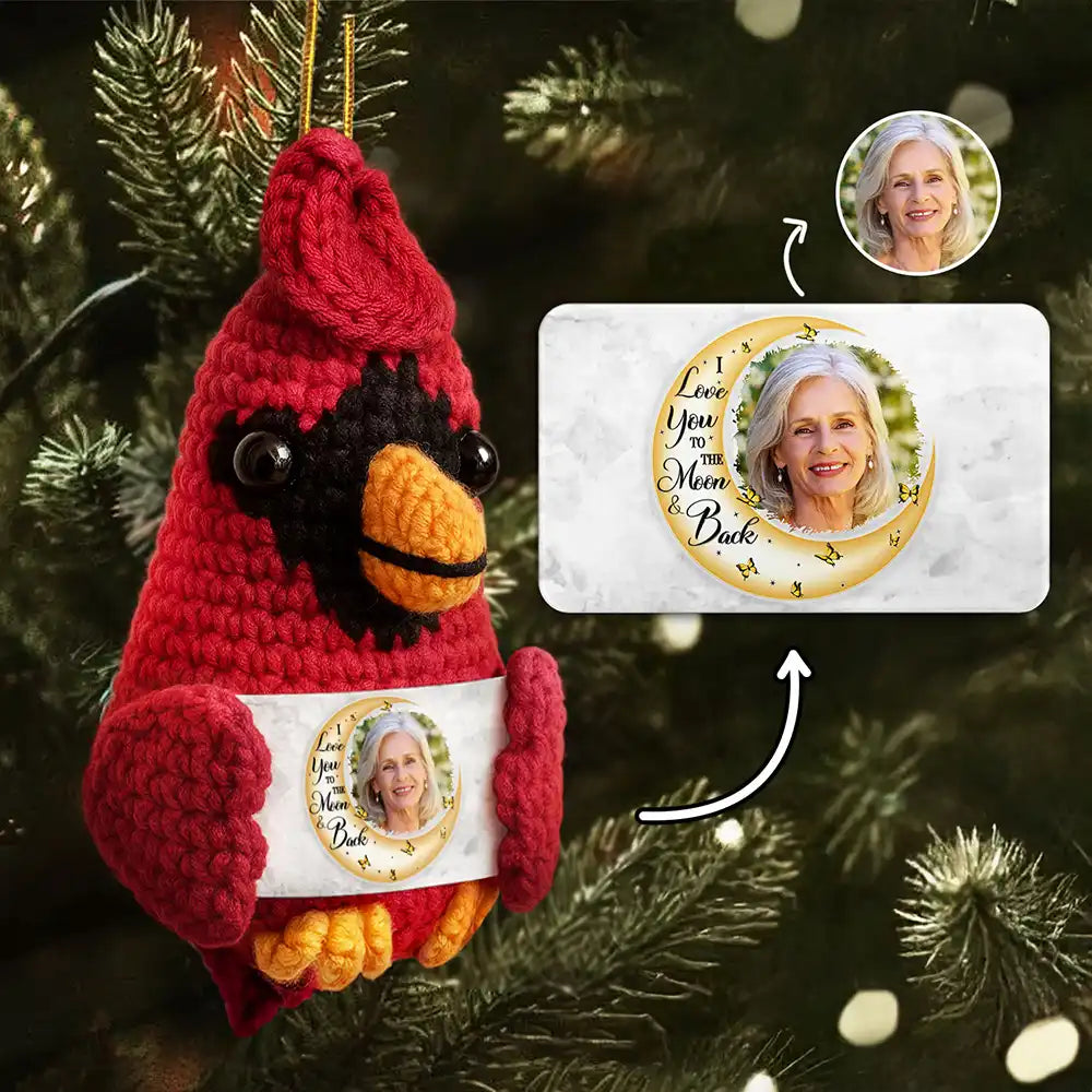 Custom Photo I Love You To The Moon And Back - Personalized Crochet Cardinal Bird Hanging Decoration