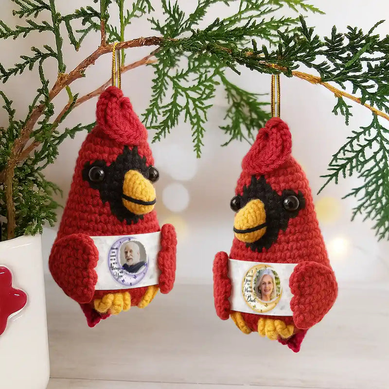 Family, Memorial, Sad, Christmas - Custom Photo I Love You To The Moon And Back - Personalized Crochet Cardinal Bird Hanging Decoration