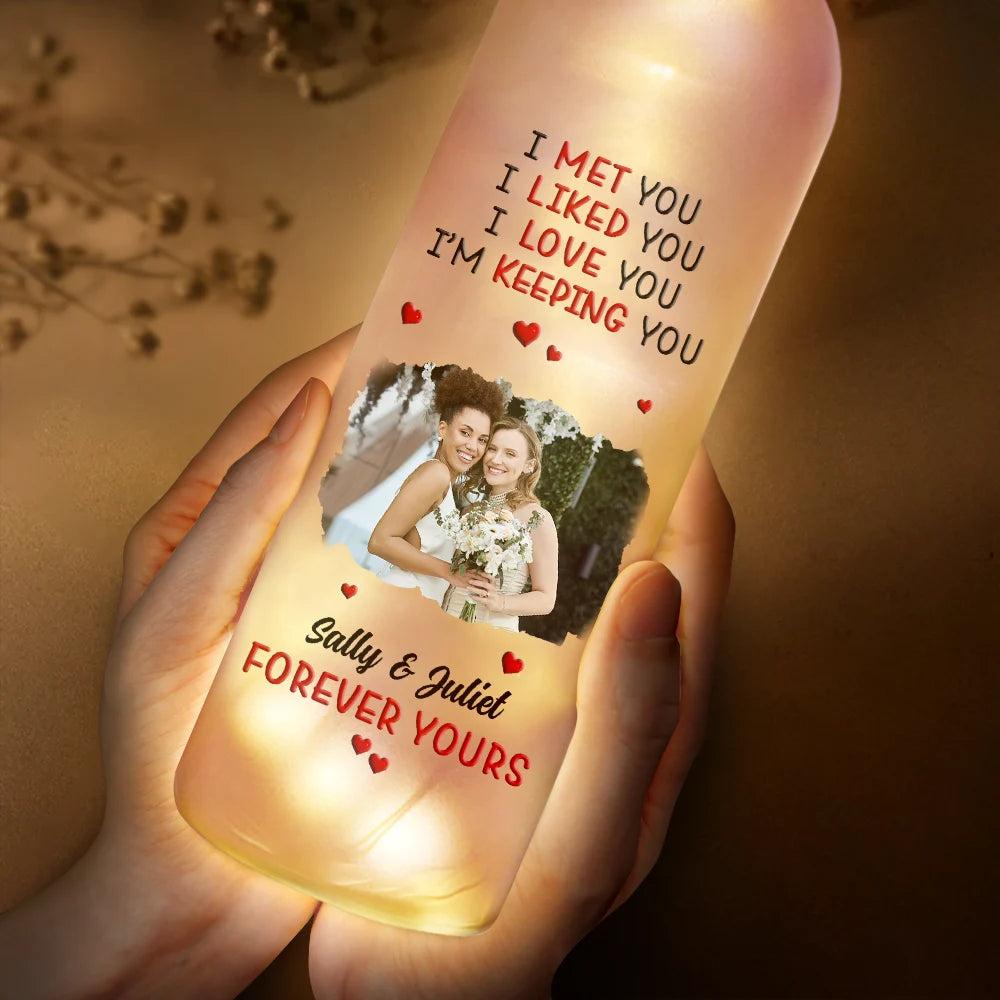 Gift For Couples,Gift For Husband,Gift For Wife,Gift For Boyfriend,Gift For Girlfriend,Old Couples,Love - Custom Photo I Met You Liked You Love You Forever - Personalized Bottle Light