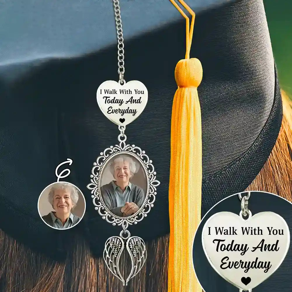 Family,Gift For Bestie,Dog Lovers,Cat Lovers,Happy,Custom Photo,Gift For Mother,Gift For Father - Custom Photo I Walk With You Today And Everyday - Personalized Graduation Tassel Charm