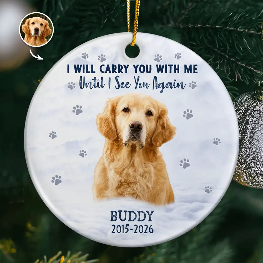 Custom Photo I Will Carry You With Me Pet Memorial - Personalized Circle Ceramic Ornament