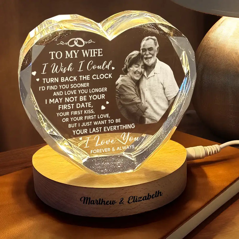 Gift For Couples, Old Couples, Gift For Husband, Gift For Wife, Gift For Boyfriend, Gift For Girlfriend, LGBT, Love - Custom Photo I Wish I Could Turn Back The Clock - Personalized Crystal Heart Shaped Lamp