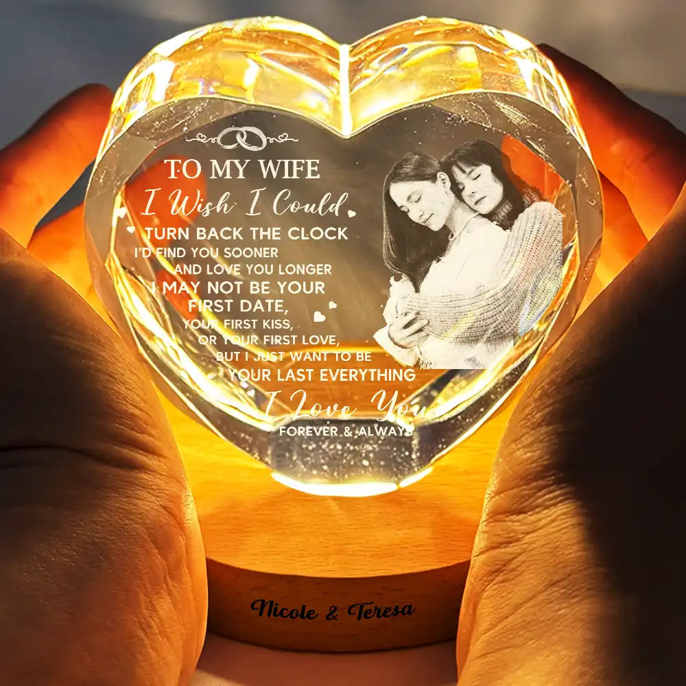 Gift For Couples, Old Couples, Gift For Husband, Gift For Wife, Gift For Boyfriend, Gift For Girlfriend, LGBT, Love - Custom Photo I Wish I Could Turn Back The Clock - Personalized Crystal Heart Shaped Lamp